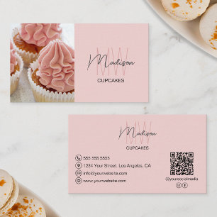 Monogram Logo Bakery Photo QR Pink Business Card