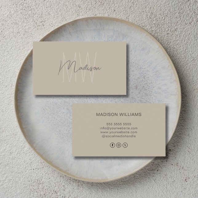 Monogram Logo Beige Modern Social Media Icons Business Card (Monogram Logo Beige Modern Social Media Icons Business Card)