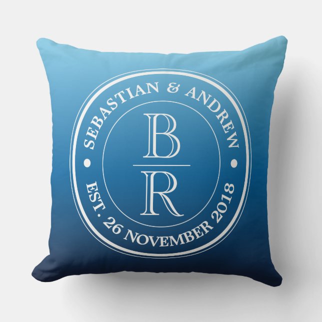 Monogram Logo Blue Ombre Gay Wedding Anniversary Cushion (Front)