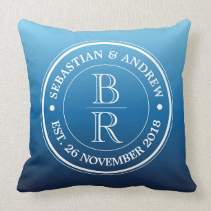 Monogram Logo Blue Ombre Gay Wedding Anniversary Cushion