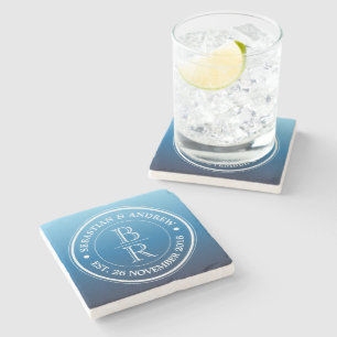 Monogram Logo Blue Ombre Gay Wedding Anniversary Stone Coaster