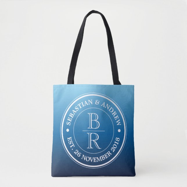 Monogram Logo Blue Ombre Gay Wedding Anniversary Tote Bag (Front)