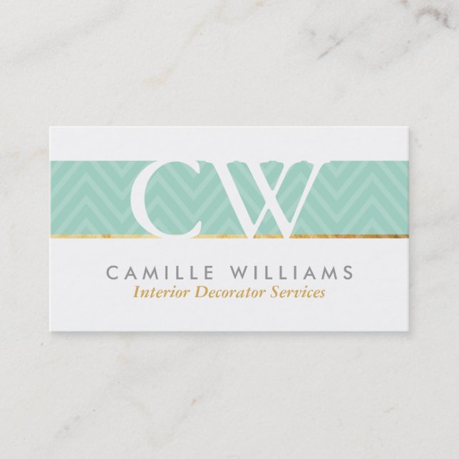MONOGRAM LOGO bold chevron pattern mint green Business Card (Front)