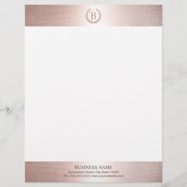 Monogram Logo Modern Rose Gold Border Custom Letterhead (Front)