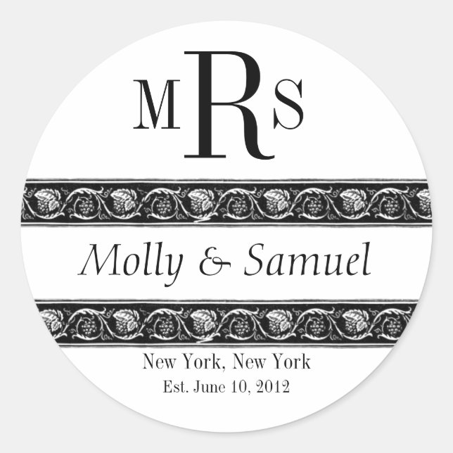 Monogram Logo Ornate Names Date Wedding Label (Front)