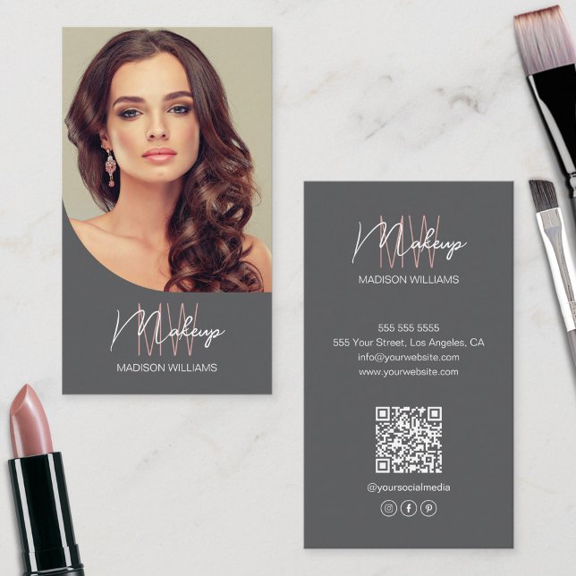 Monogram Logo Photo Makeup Artist Grey Business Card (Monogram Logo Photo Makeup Artist Gray Business Card)
