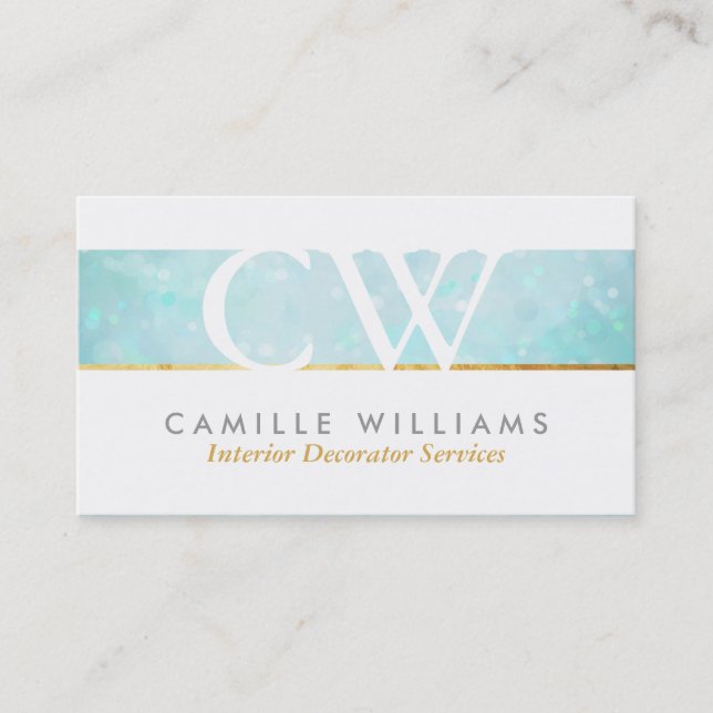 MONOGRAM LOGO whimsical ethereal bokeh aqua blue Business Card (Front)