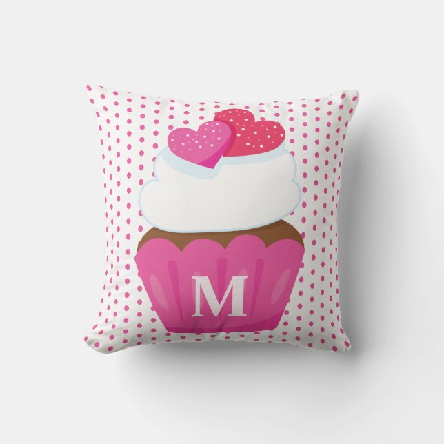 Monogram Love Hearts Cupcake Polka Dot Valentines Cushion (Front)