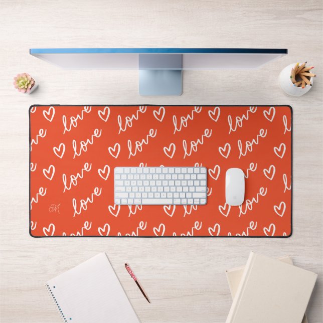 Monogram Love Hearts & Lettering Pattern Red Desk Mat (Office 1)