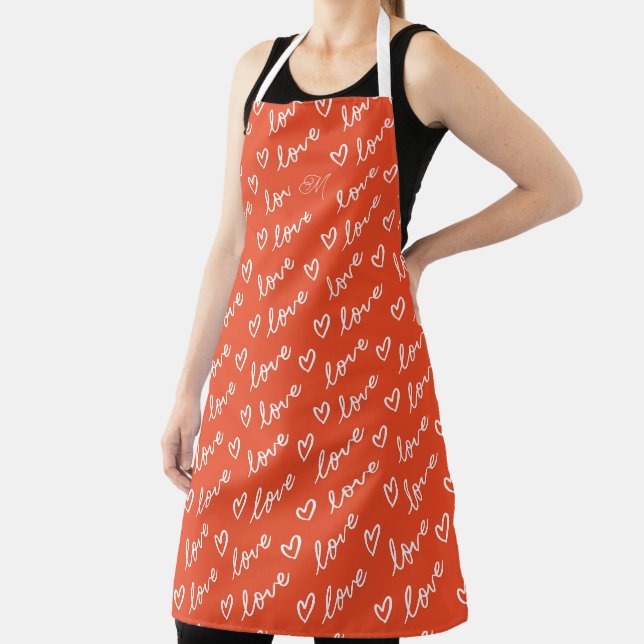 Monogram Love Lettering & Hearts Drawing Red Apron (Insitu)