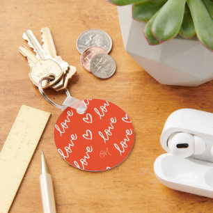 Monogram Love Lettering & Hearts Drawing Red Key Ring