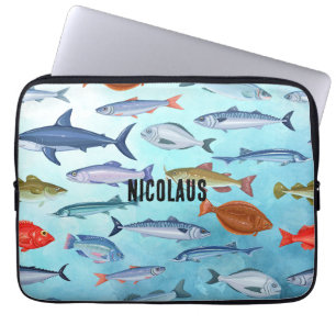 Monogram lovely ocean fish Blue pattern Modern Laptop Sleeve