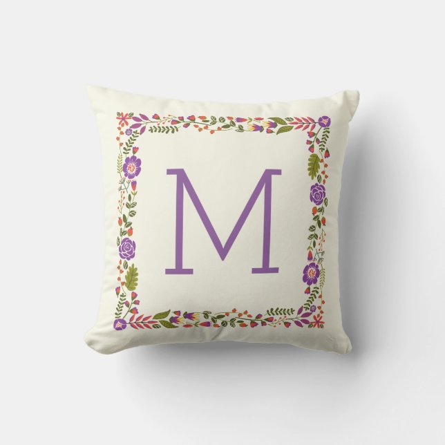 Monogram lovely spring floral purple, orange cushion (Front)