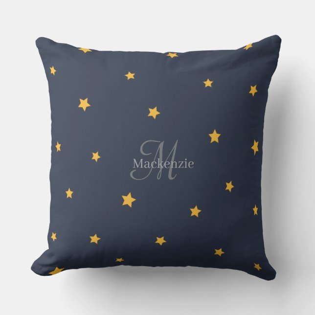 Monogram Lucky Stars  Navy Blue Grey Throw Pillow (Front)