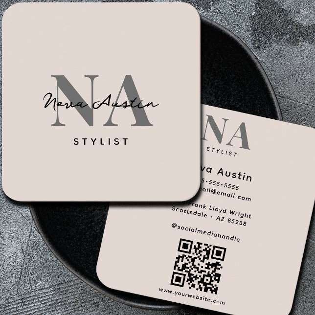 Monogram Luxe Trendy Aesthetic Blush Pink QR Code Square Business Card (Creator Uploaded)