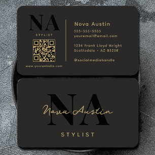 Monogram Luxe Trendy Aesthetic Gold Black QR Code Business Card