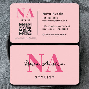 Monogram Luxe Trendy Aesthetic Hot Pink QR Code Business Card