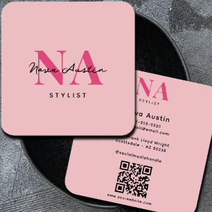 Monogram Luxe Trendy Aesthetic Hot Pink QR Code Square Business Card