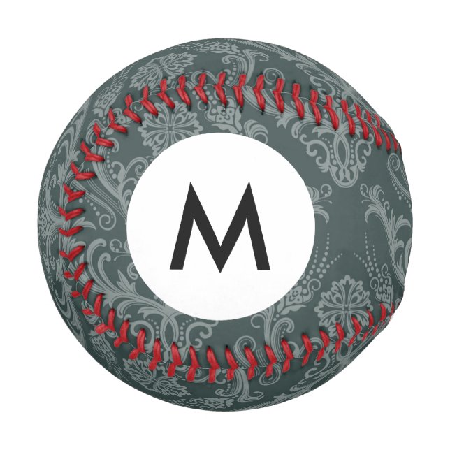 Monogram Luxury green floral damask wallpaper Baseball (Front Left)