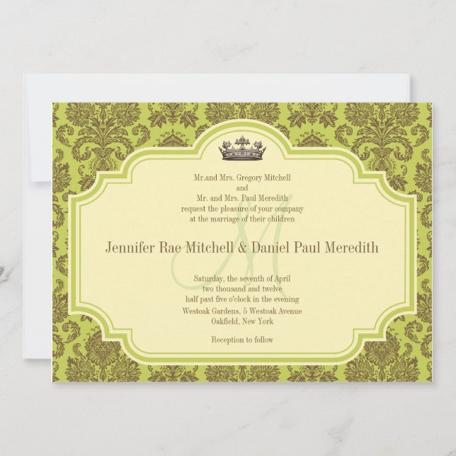 Monogram M Brown Damask Wedding Invitations (Front)