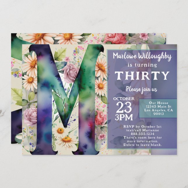 Monogram M Colourful Watercolor Flowers Birthday  Invitation (Front/Back)
