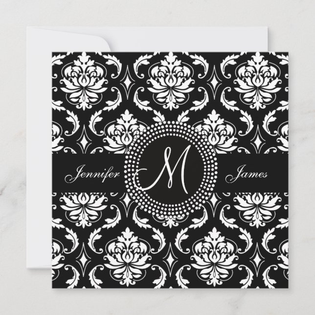 Monogram M Damask Black Wedding Invitations (Front)