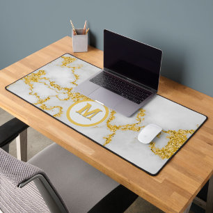 Monogram M Elegant White & Gold Marble Pattern Desk Mat