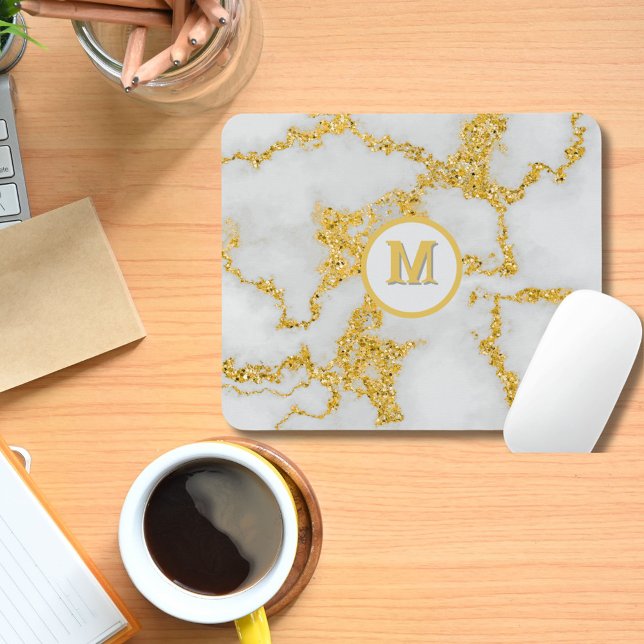  Monogram M Elegant White & Gold Marble Pattern Mouse Pad (Creator Uploaded)