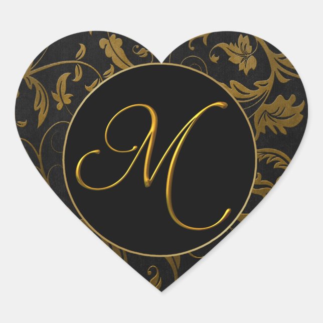 Monogram M Gold and Black Damask Wedding Seal (Front)