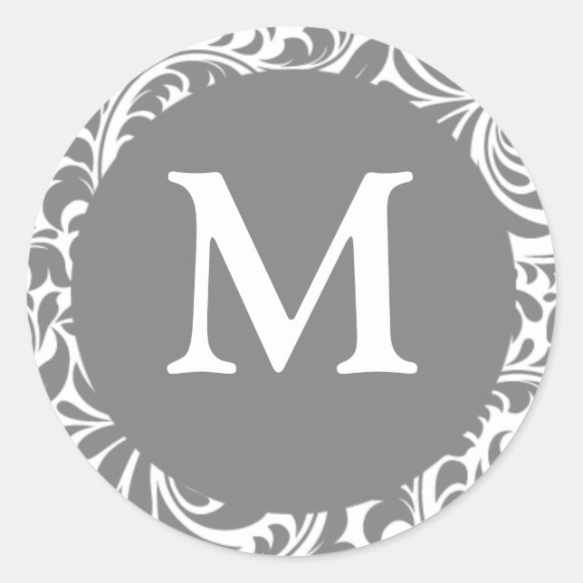 Monogram M Grey Grey Customisable Wedding Monogram Classic Round Sticker (Front)