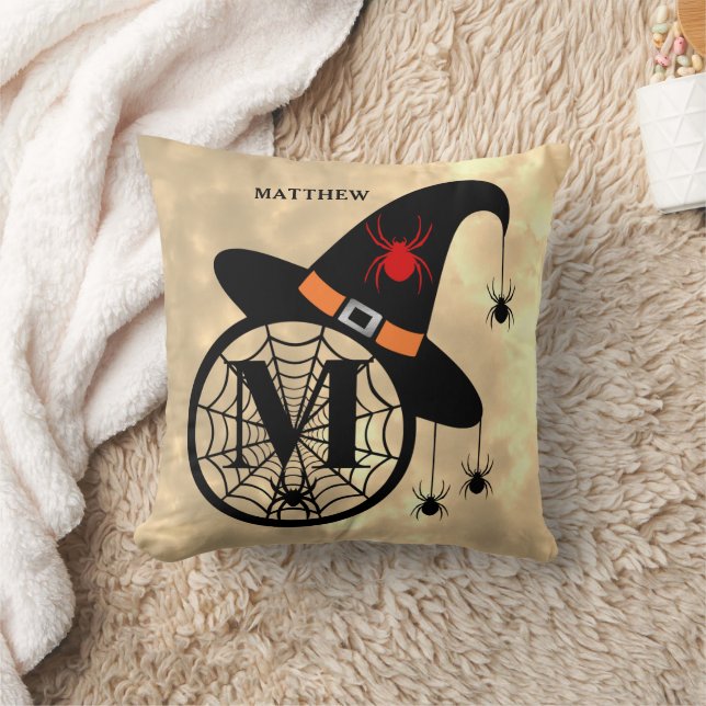 Monogram M Halloween Sky Witch Spiders Name Cushion (Blanket)