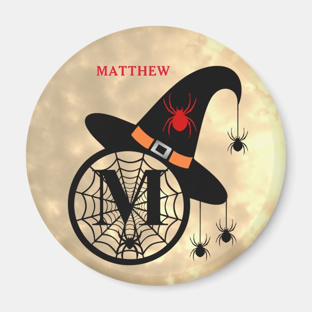 Monogram M Halloween Sky Witch Spiders Name Magnet (Front)