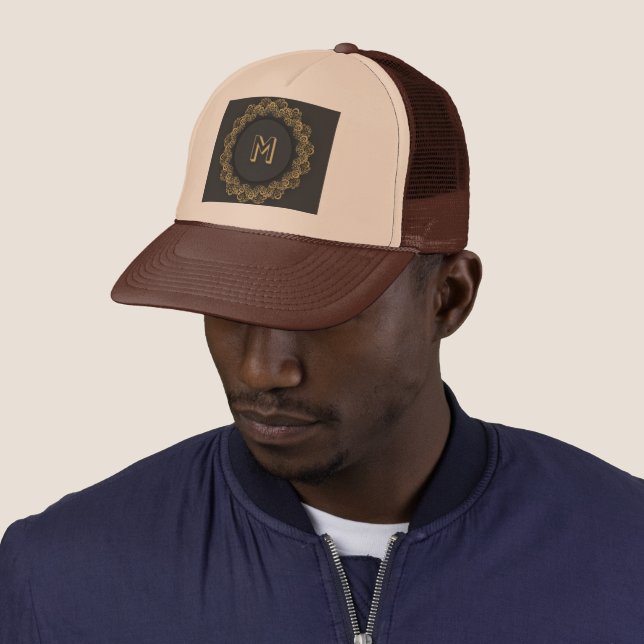 Monogram M Initial Printed Image Tan and Brown-Cap Trucker Hat (In Situ)