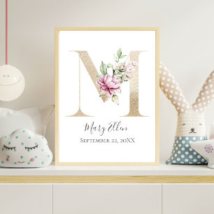Monogram M Pink White Floral Gold Letter Nursery Poster