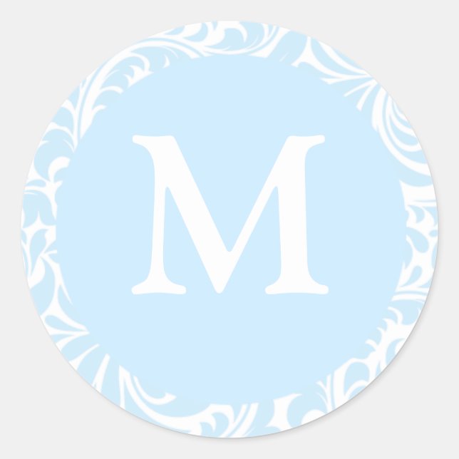 Monogram M Sky Blue And White Wedding Stickers (Front)