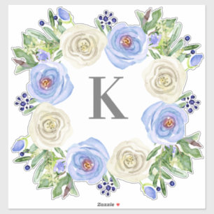 Monogram M Wedding Blue n White Rose Floral Wreath