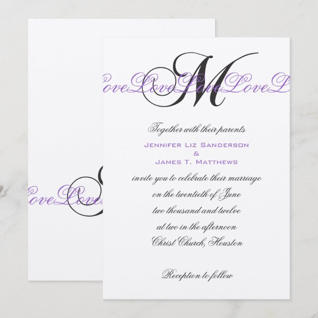 Monogram M Wedding Invitations Purple Silver (Front/Back)