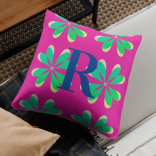 Monogram Magenta Emerald Green Retro Flower Cushion (Creator Uploaded)
