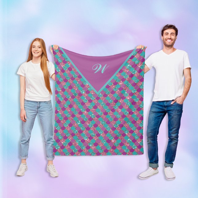 Monogram Magenta Purple Pink Teal Mermaid Scales Fleece Blanket (Creator Uploaded)