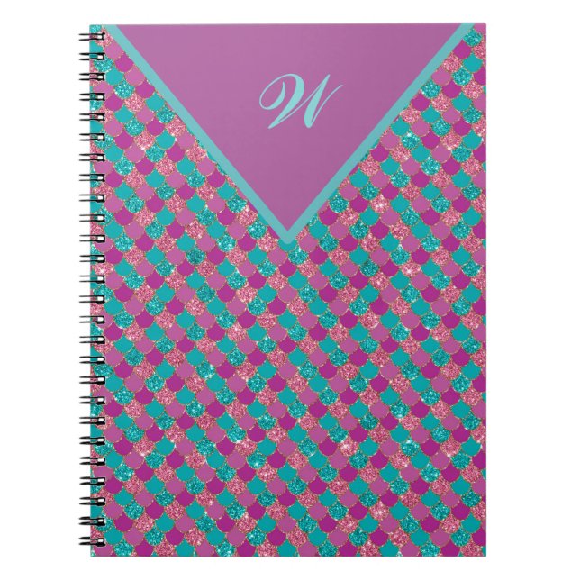 Monogram Magenta Purple Pink Teal Mermaid Scales Notebook (Front)