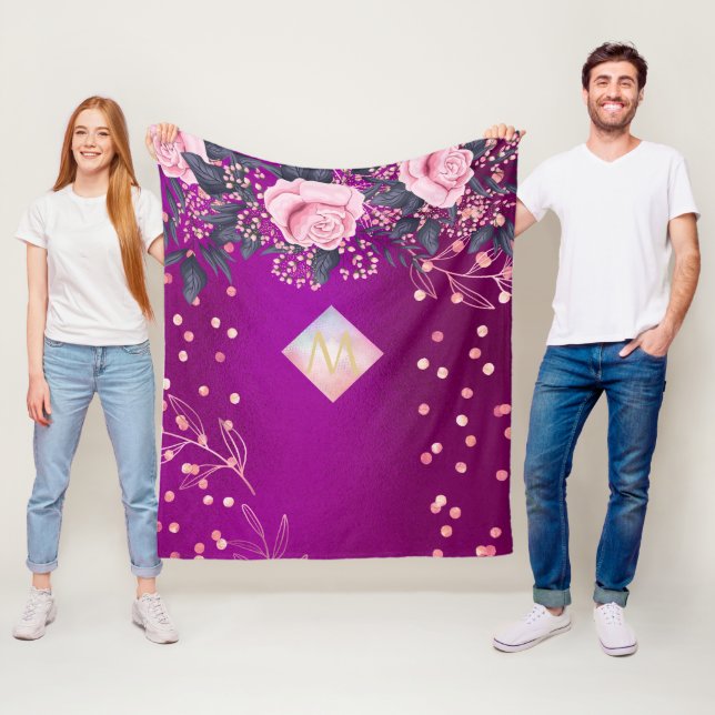 Monogram Magenta Rosegold Pink Metallic Glitter Fleece Blanket (In Situ)