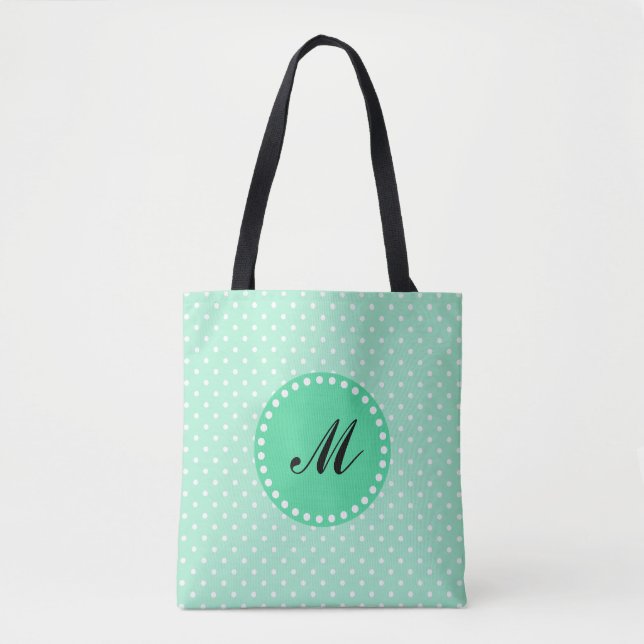 Monogram Magic Mint and White Polka Dot Tote Bag (Front)