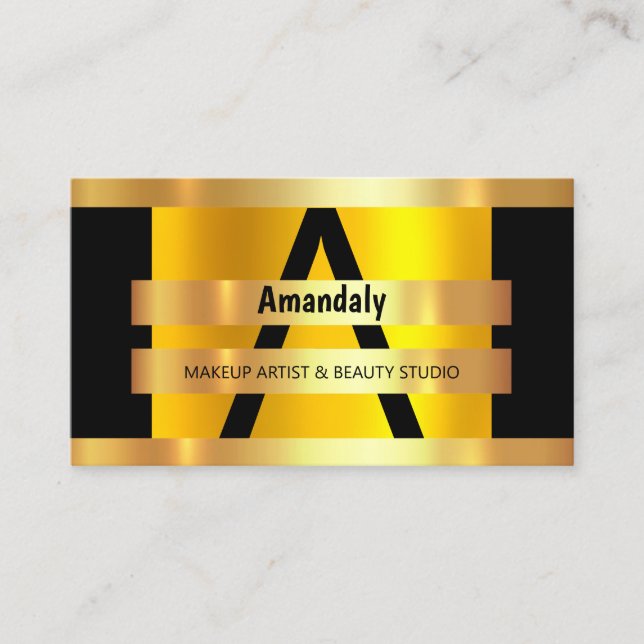 Monogram Makeup Artist Hair Salon Black Gold VIP Business Card (Front)