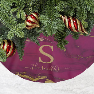 Monogram Marble Burgundy & Gold Elegant Christmas Brushed Polyester Tree Skirt