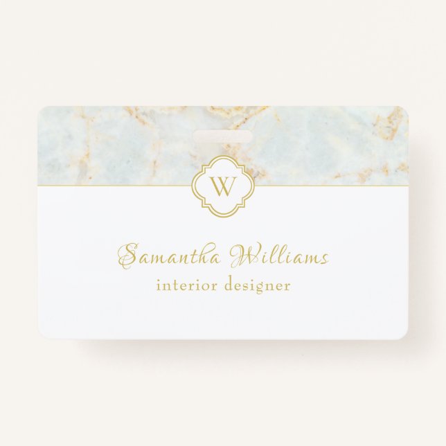 Monogram Marble Elegant White Gold ID Badge (Front)