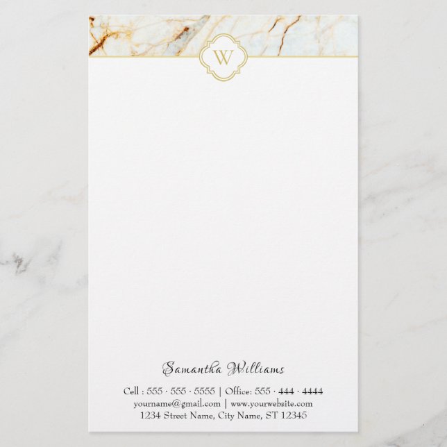 Monogram Marble Elegant White Gold Stationery (Front)