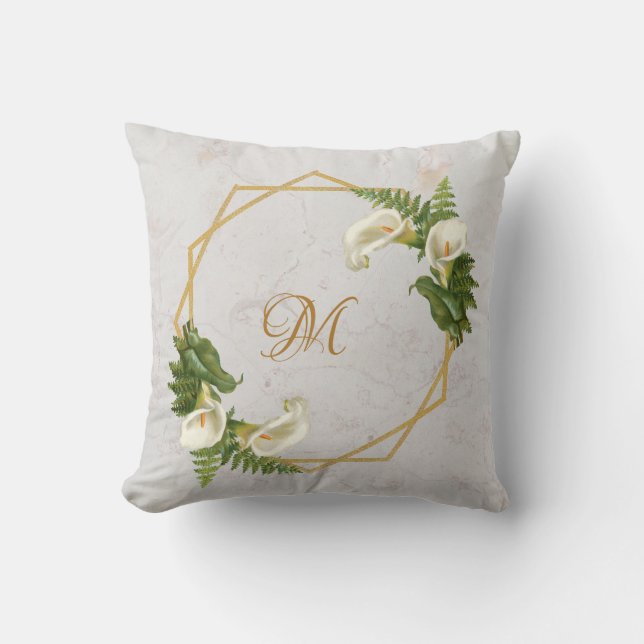 Monogram Marble Gold Calla Lilies Floral Geometric Cushion (Front)