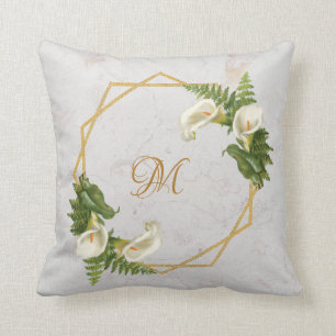 Monogram Marble Gold Calla Lilies Floral Geometric Cushion