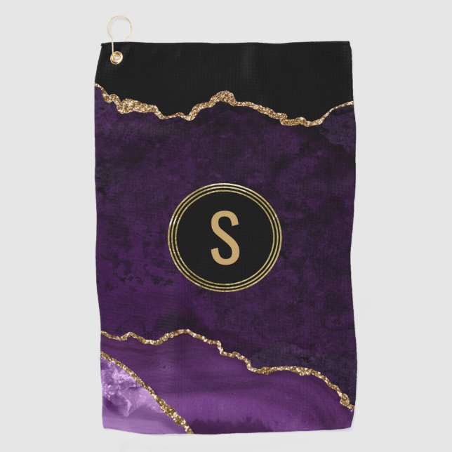 Monogram Marble Gold Purple Agate Golf Towel (Front)