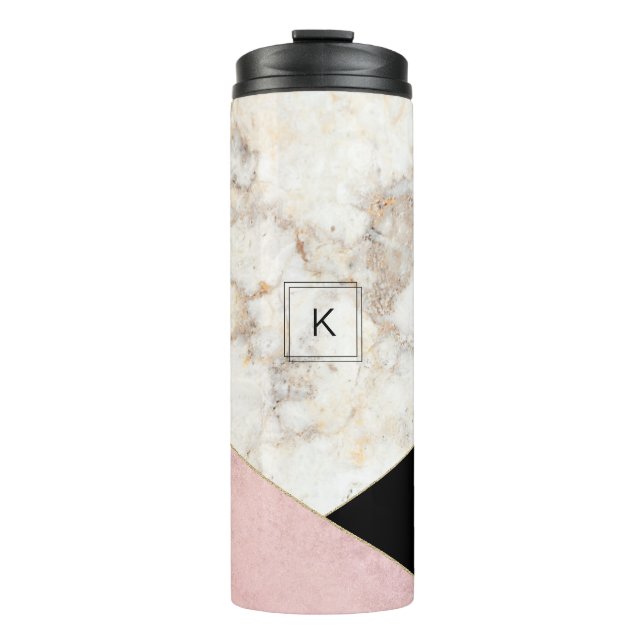 Monogram Marble Rose Gold Black Minimalist Modern Thermal Tumbler (Front)